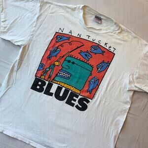 🎣 Vintage 90s "Big Hed Designs" Art Tee XL Nantucket Blues Abstract Fishing